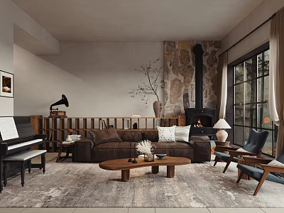Cozy Living Room Interior With Brown Sofa Stone Fireplace Gramophone Piano And Wooden Coffee Table 3d model