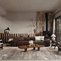 Cozy Living Room Interior With Brown Sofa Stone Fireplace Gramophone Piano And Wooden Coffee Table