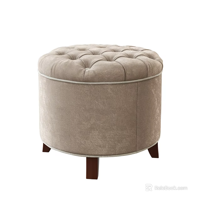 Round Button Tufted Light Brown Velvet Ottoman With Wooden Legs 3d model 