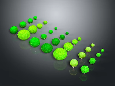 Green Spherical Plants Arranged in a Wavy Pattern on Dark Shiny Background 3d model