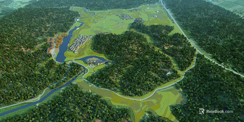 Aerial Planning of Natural Scenic Area With Lush Forests Winding River and Green Spaces 3d model 