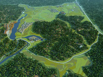 Aerial Planning of Natural Scenic Area With Lush Forests Winding River and Green Spaces 3d model