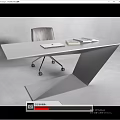 Modern Office Desk With Light Gray Surface Laptop Books And Unique Geometric Frame