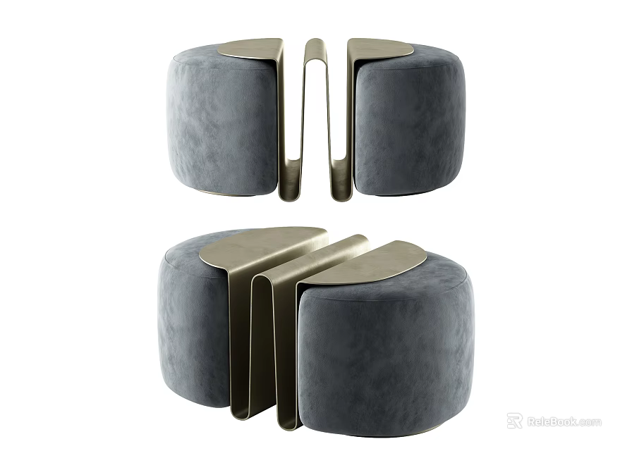 Elegant Modern Round Gray Velvet Stools With Brass Metal Frame Design 3d model 
