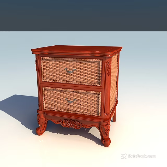 Classic Wooden Bedside Table With Two Rattan Drawers And Carved Legs 3d model 