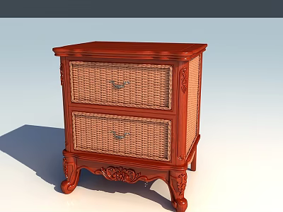 Classic Wooden Bedside Table With Two Rattan Drawers And Carved Legs 3d model