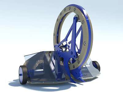 Blue Mechanical Structure With Large Wheel Transparent Parts And Wheels Design 3d model