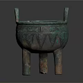 Ancient Bronze Tripod With Green Patina Double Handles Three Legs And Decorative Patterns