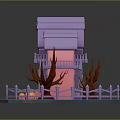 Halloween Themed Commercial Decoration Equipment With Purple Roof Pink House Lit Windows And Pumpkins