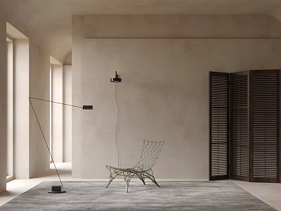 Modern Lounge Chair in Beige Wall Interior with Gray Rug Floor Lamp and Wooden Shutters 3d model