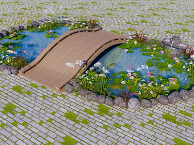 Wooden Landscape Bridge Spanning Pond With Water Lilies Lotus Flowers And Green Plants 3d model