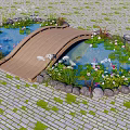 Wooden Landscape Bridge Spanning Pond With Water Lilies Lotus Flowers And Green Plants