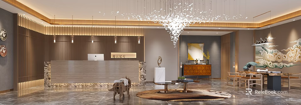 Modern Luxury Shop Reception Desk With Elegant Lighting And Decor Elements 3d model 
