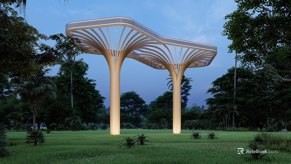 Modern Outdoor Pergola With Curved Wooden Roof Green Lawn And Surrounding Trees 3d model 