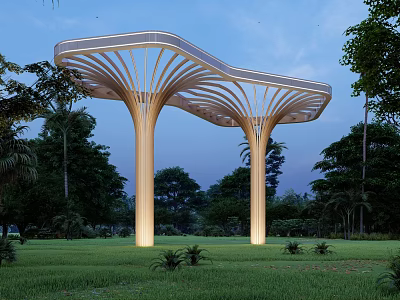 Modern Outdoor Pergola With Curved Wooden Roof Green Lawn And Surrounding Trees 3d model
