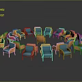 Modern Blue and Orange Chairs in Circular Arrangement With Small Center Table