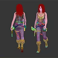 Two Female Characters With Striped Pants Black Vests Weapons And Mystical Creature