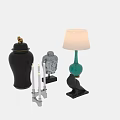 Stylish Decorative Ornament Set With Black Jar Silver Buddha Head Green Lamp And Bird Figurine