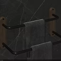 Modern Bathroom Towel Rack Featuring Wooden Black Metal And Gray Towels On Dark Marble Wall
