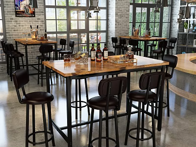 Modern Bar Interior With Wooden Counter Brick Walls And Black Bar Stools 3d model