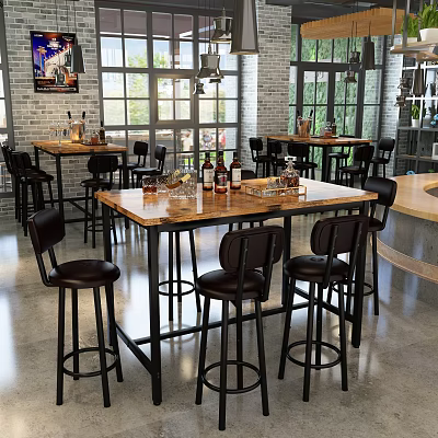 Modern Bar Interior With Wooden Counter Brick Walls And Black Bar Stools 3d model