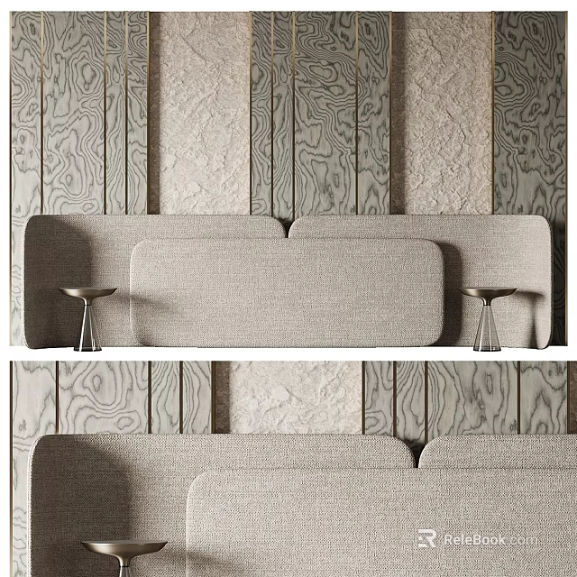 Modern Wooden Textured Wall Design With Curved Gray Sofa And Metal Side Tables 3d model 