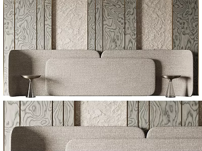 Modern Wooden Textured Wall Design With Curved Gray Sofa And Metal Side Tables 3d model