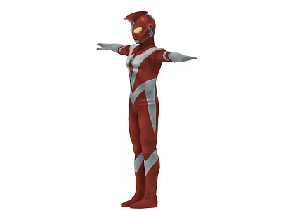 Game and Movie Character in Red and Silver Bodysuit With Helmet Glowing Eyes Arms Outstretched 3d model