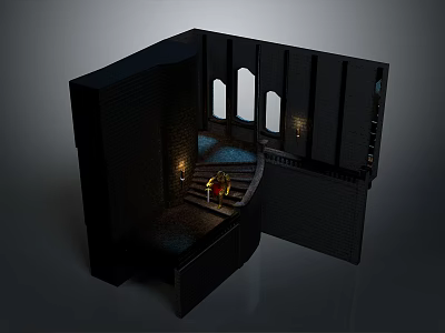 Black Architectural Scene Structure with Curved Staircase Arched Windows and Wall Lamps 3d model