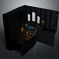 Black Architectural Scene Structure with Curved Staircase Arched Windows and Wall Lamps