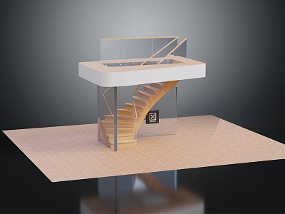 Modern Staircase Interior Design with Wooden Steps Glass Railing and White Platform 3d model