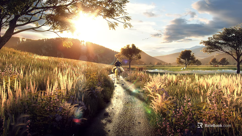 Picturesque Golden Sunset Rural Landscape With Horse Rider Riding Along Wild Flower Lined Country Path 3d model 
