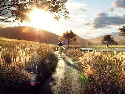 Picturesque Golden Sunset Rural Landscape With Horse Rider Riding Along Wild Flower Lined Country Path 3d model