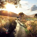 Picturesque Golden Sunset Rural Landscape With Horse Rider Riding Along Wild Flower Lined Country Path