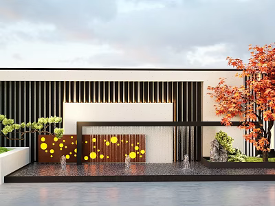Modern Garden Landscape with Striped Walls Red Maple Tree Yellow Panels Fountains and Green Plants 3d model