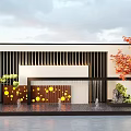 Modern Garden Landscape with Striped Walls Red Maple Tree Yellow Panels Fountains and Green Plants