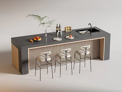 Modern Bar Dining Table Set With Black Countertop Wooden Frame High Stools And Sink 3d model