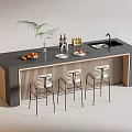 Modern Bar Dining Table Set With Black Countertop Wooden Frame High Stools And Sink