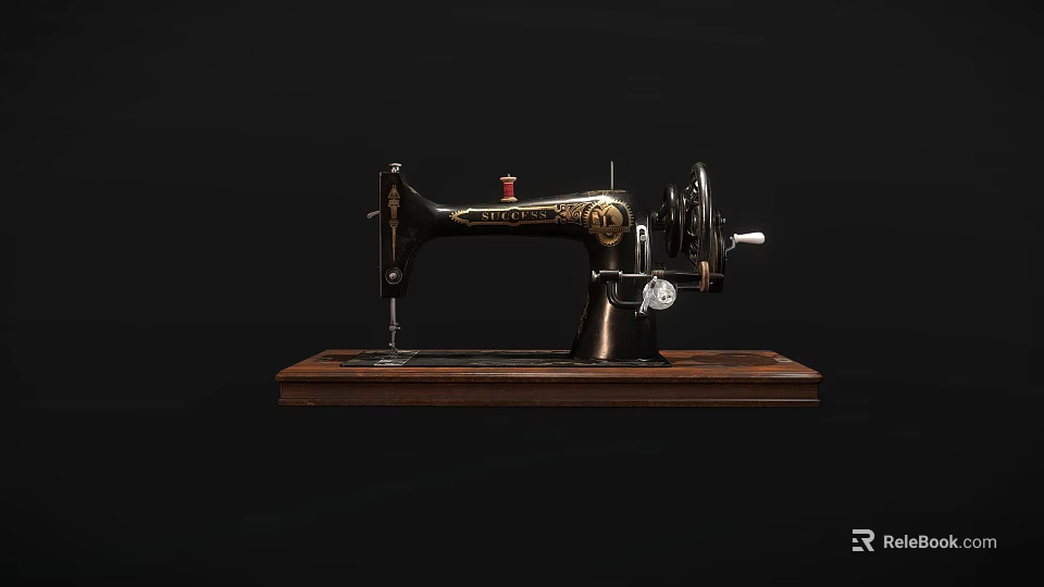 Vintage Sewing Machine With Wooden Base And Classic Metal Body Design 3d model 