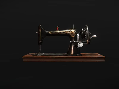 Vintage Sewing Machine With Wooden Base And Classic Metal Body Design 3d model