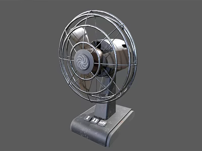 Vintage Electric Fan With Metal Circular Mesh Guard And Control Buttons On Base 3d model