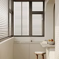 Elegant Bar Counter With Marble Top Window Blinds Books And Fruit Bowl
