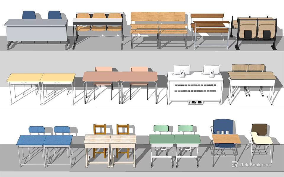 Modern Study Desks in Various Colors with Matching Chairs and Wooden Tops 3d model 