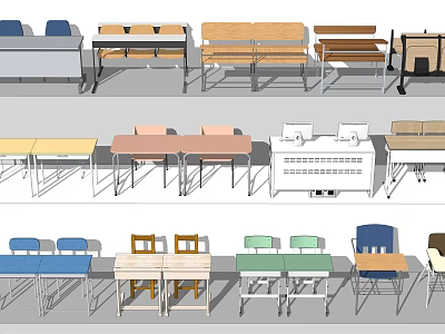 Modern Study Desks in Various Colors with Matching Chairs and Wooden Tops 3d model
