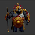 Rhino Headed Fantasy Warrior Game Character In Gold Red Armor With Shield And Mace