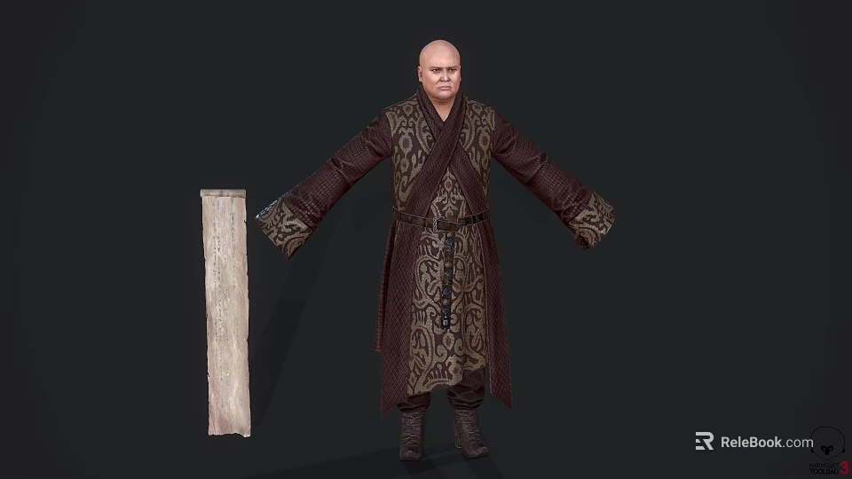 Game Movie Character With Bald Head Dark Patterned Robe And Outstretched Arms 3d model 