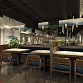 Modern Restaurant Interior Design With Wooden Display Counters Landscape Paintings Green Plants And Dining Chairs