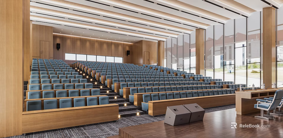 Modern Tiered Conference Room With Blue Seats Wooden Walls And Large Windows 3d model 