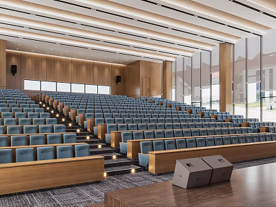 Modern Tiered Conference Room With Blue Seats Wooden Walls And Large Windows 3d model
