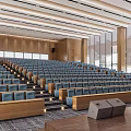 Modern Tiered Conference Room With Blue Seats Wooden Walls And Large Windows